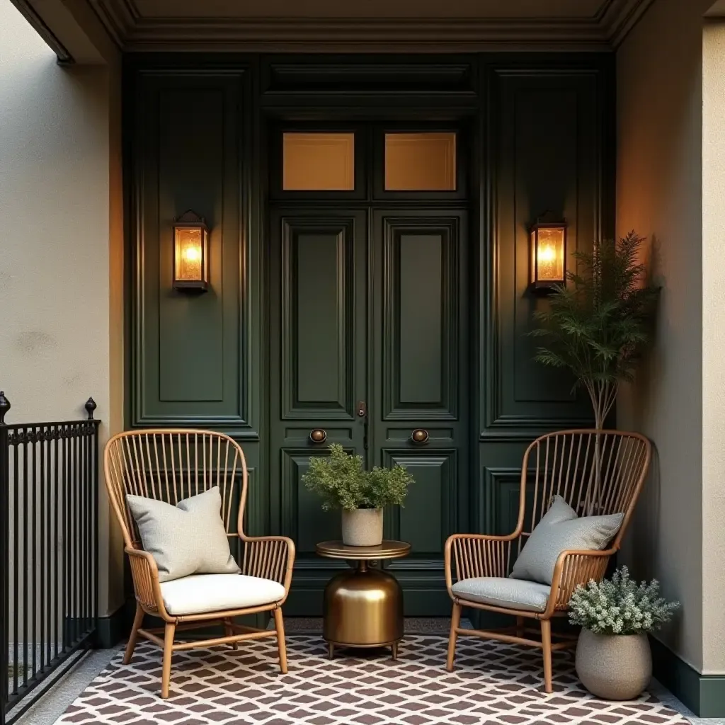 a photo of a vintage balcony showcasing metallic accents and classic decor