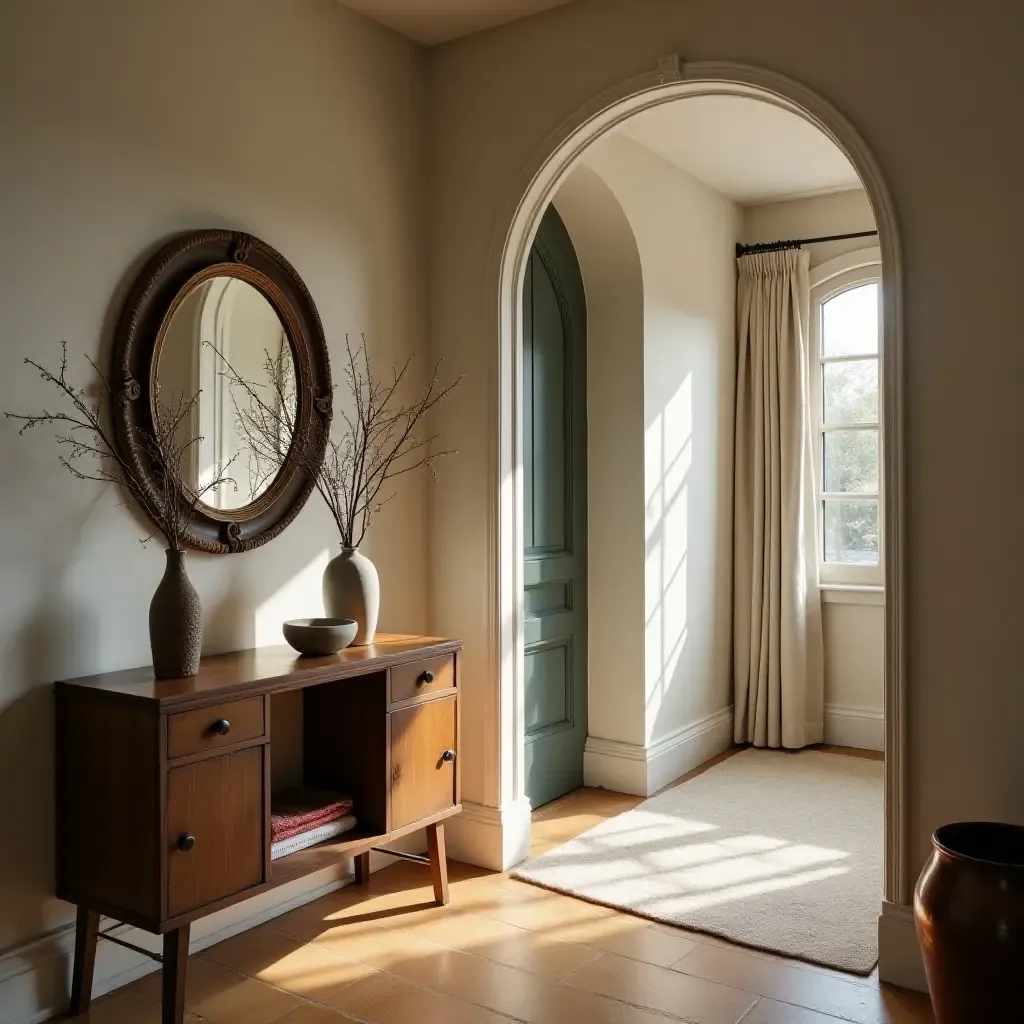 a photo of a vintage mirror reflecting light in a cozy entrance hall