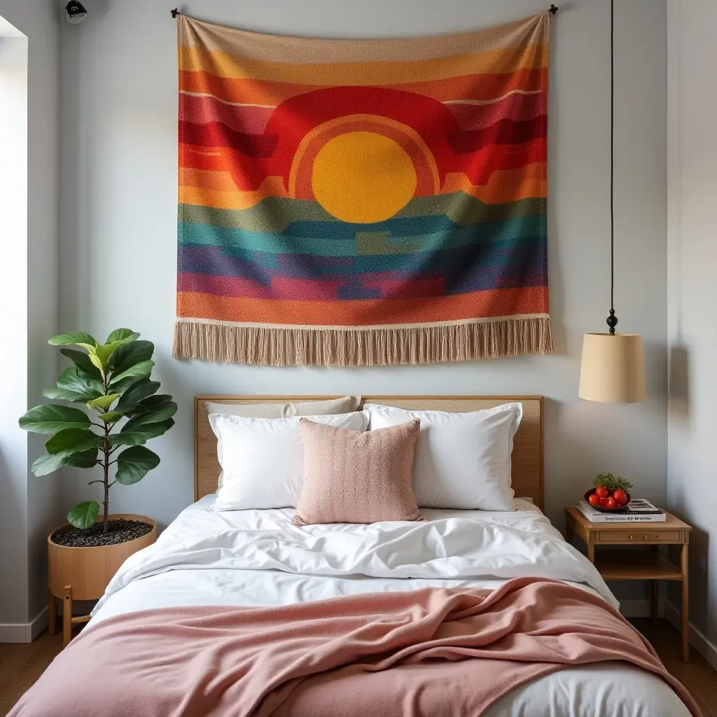 a photo of a wall featuring a colorful tapestry that adds warmth to a teen&#x27;s bedroom