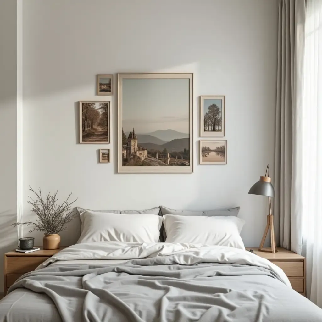 a photo of a creative photo collage above a bed