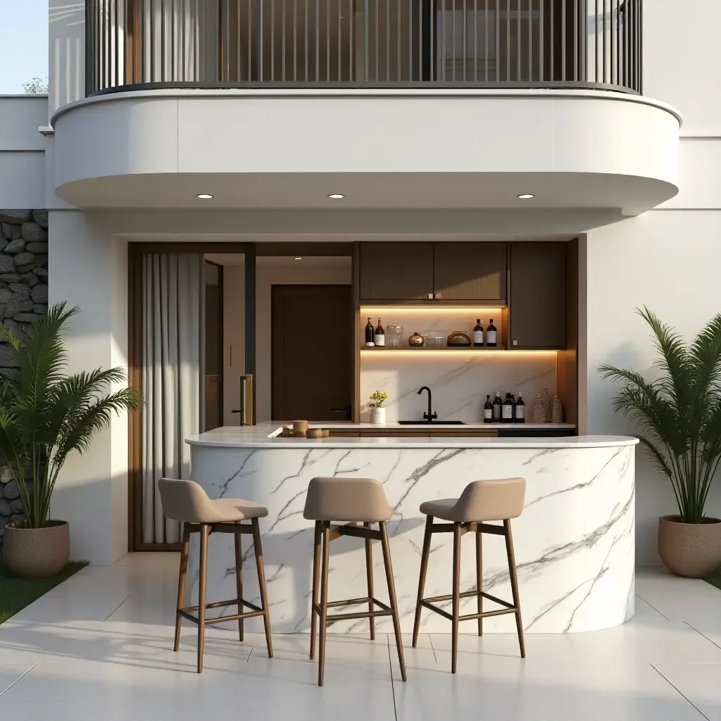 a photo of a contemporary balcony with a marble bar and stylish stools