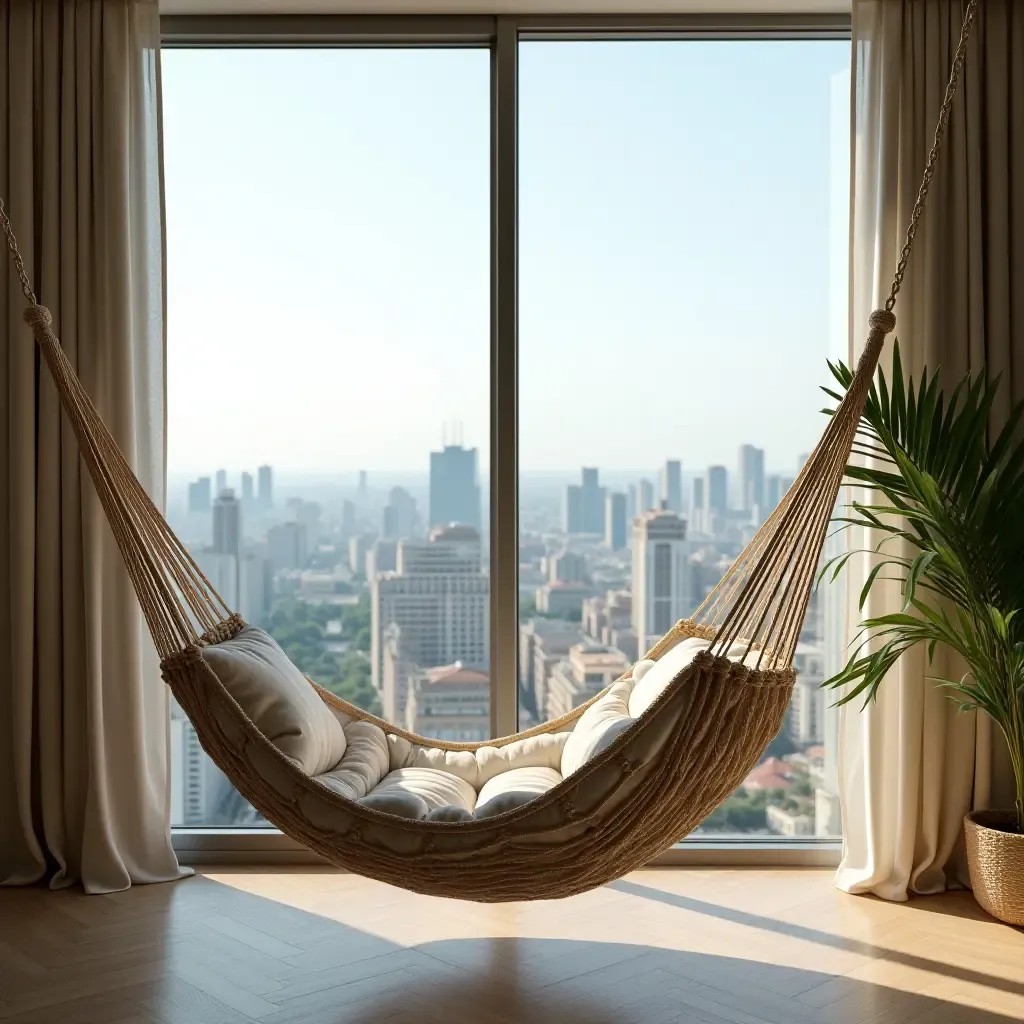 a photo of a luxurious hammock chair with a stunning city view