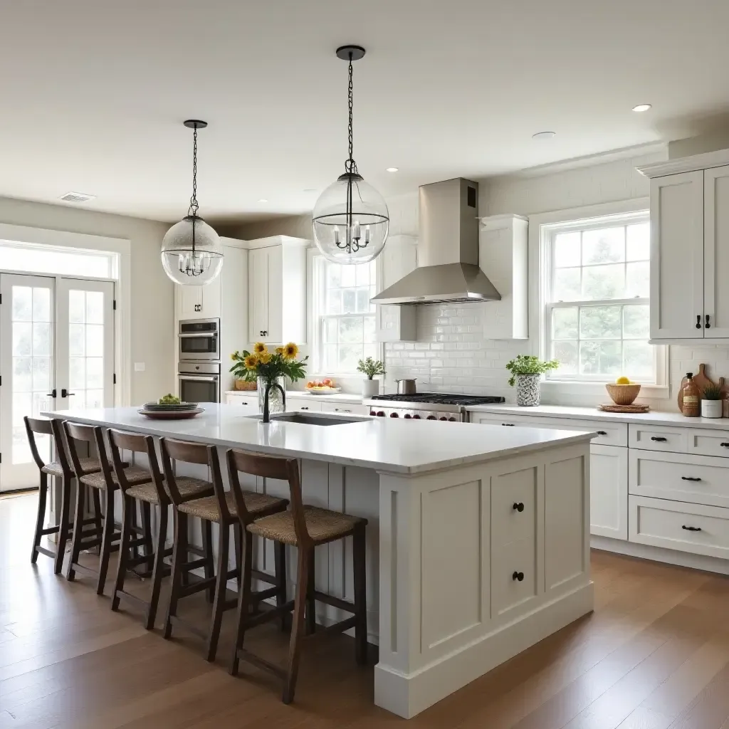 a photo of a farmhouse kitchen with a large island and bar stools