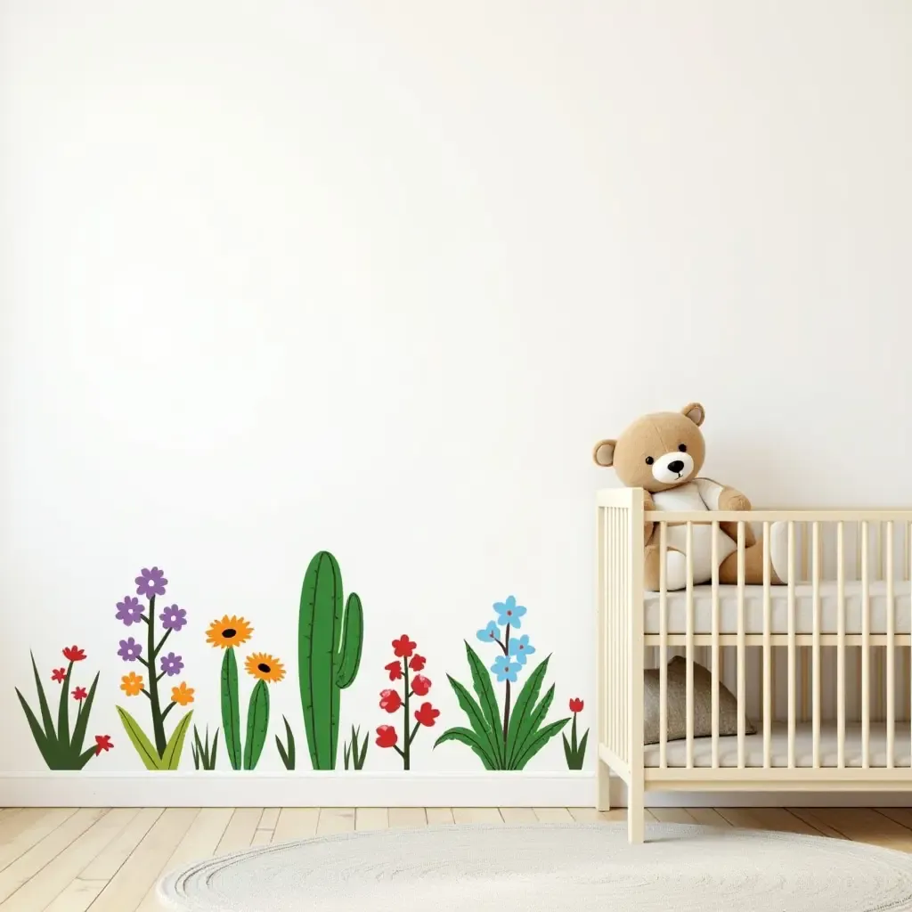 a photo of a nursery with a colorful plant wall decal