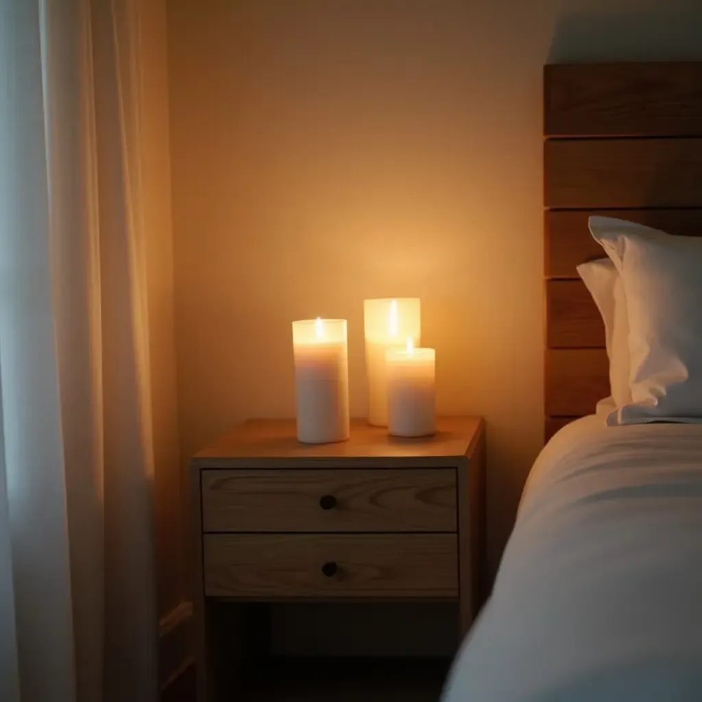 a photo of a simple nightstand adorned with bohemian-style candles