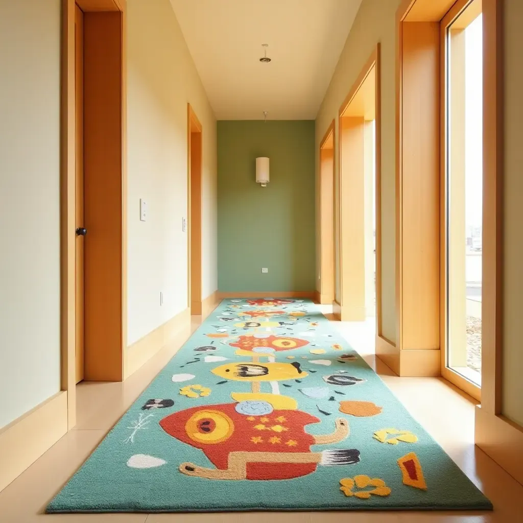 a photo of a whimsical, cartoon-themed rug in a playful corridor