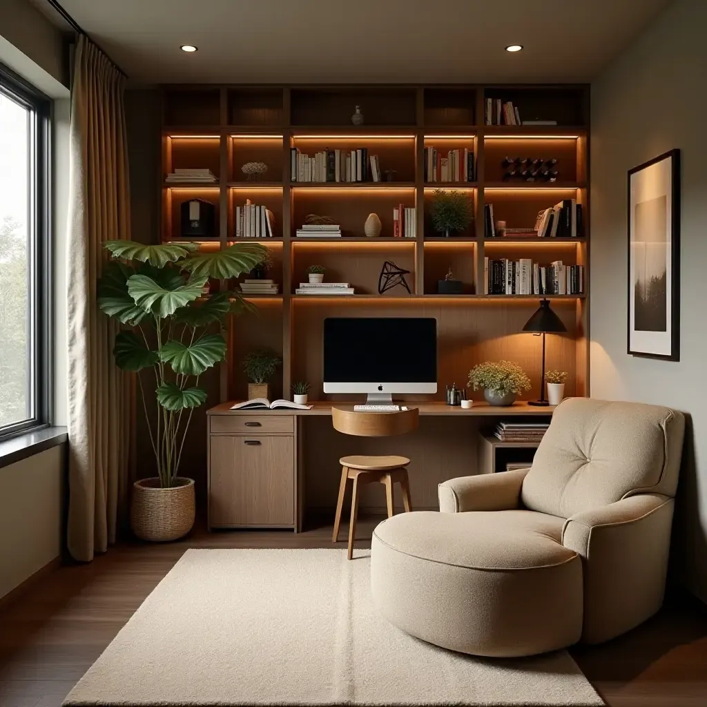 a photo of a multifunctional basement with a cozy reading nook and workspace