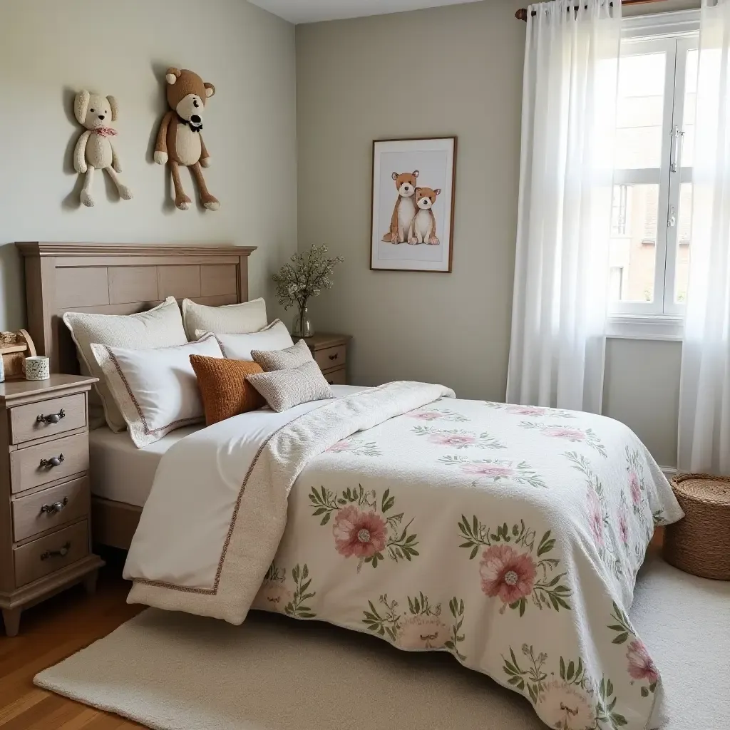 a photo of a cozy bedroom with a farmhouse-style quilt and stuffed animals