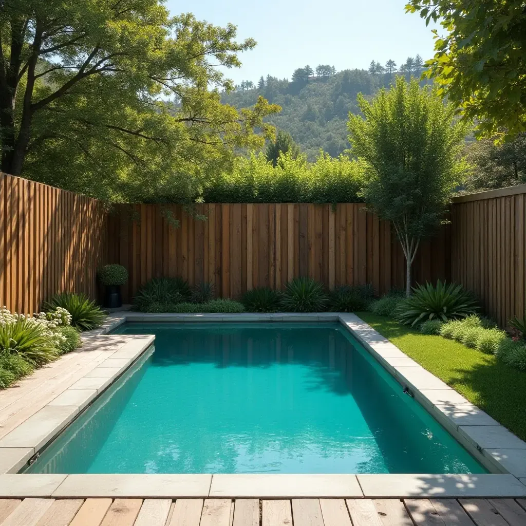 a photo of a tranquil pool surrounded by rustic wooden fencing