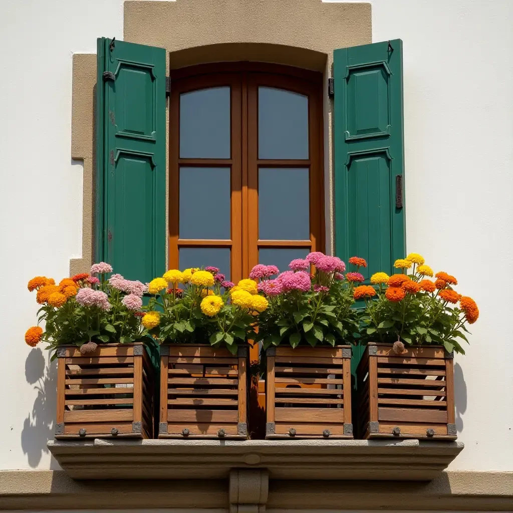 a photo of a balcony adorned with vintage crates and colorful flowers