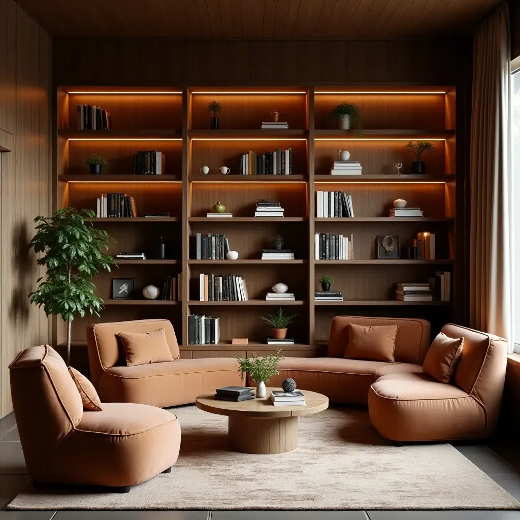 a photo of a library nook with cozy seating and unique shelves