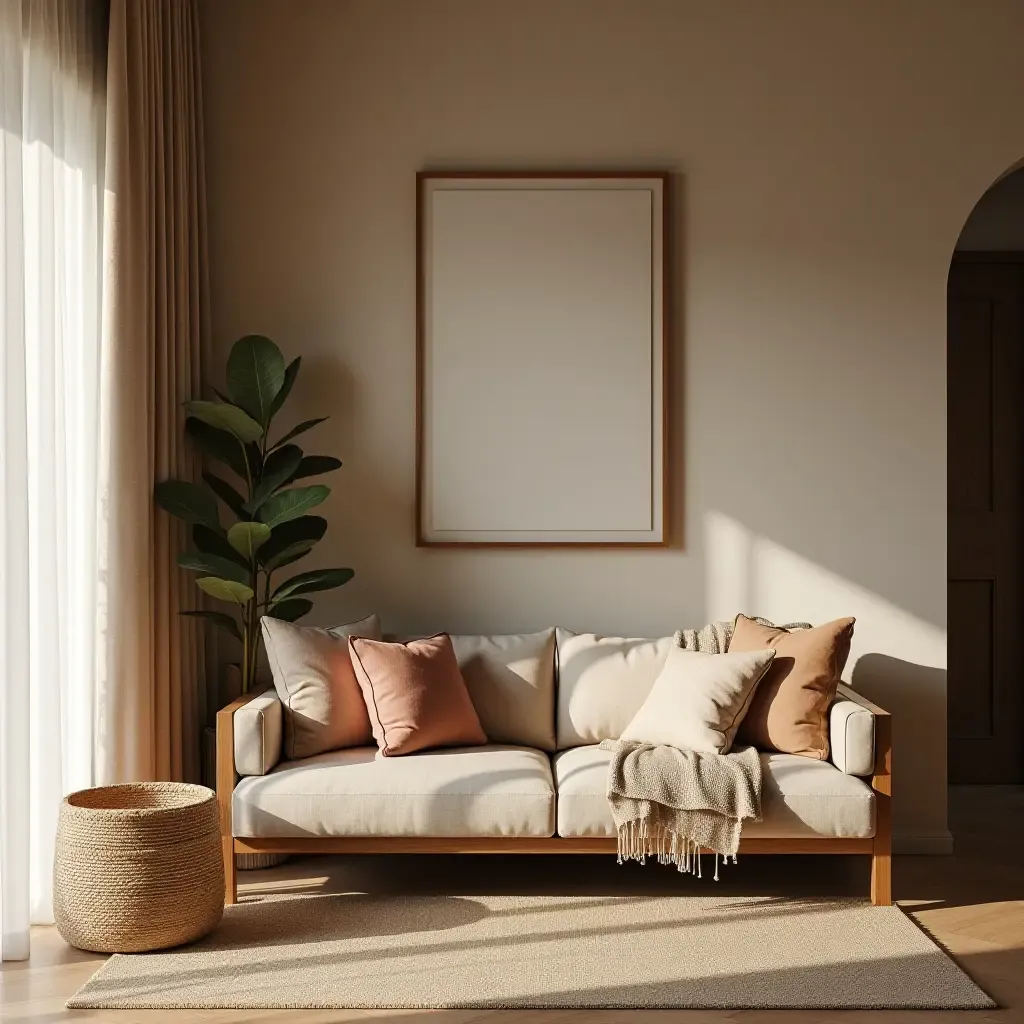 a photo of a welcoming seating area with a small sofa and layered textiles