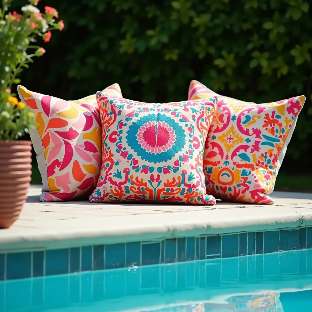 a photo of throw pillows in vibrant patterns creating a lively pool area