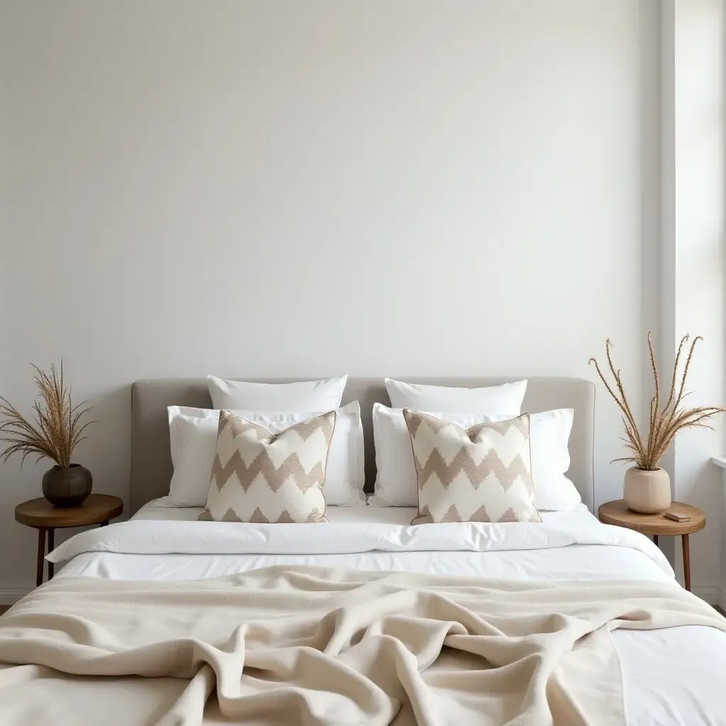 a photo of a minimalist bedroom featuring geometric throw pillows