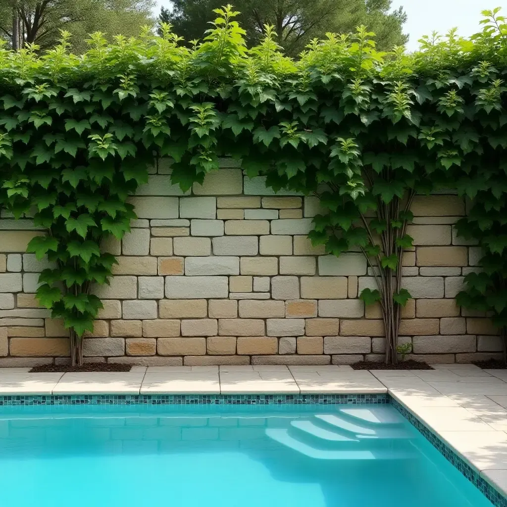 a photo of a rustic stone wall with climbing vines near a pool