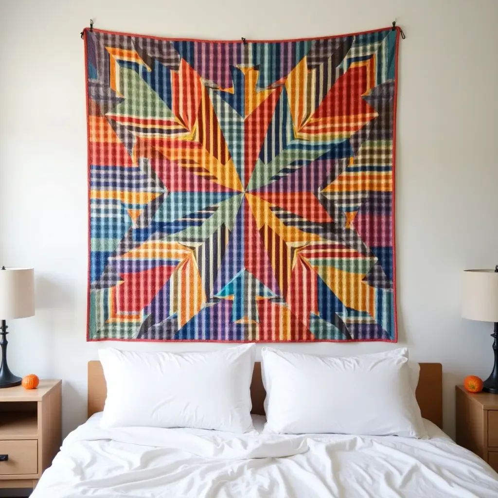 a photo of a colorful quilt hanging above a bed