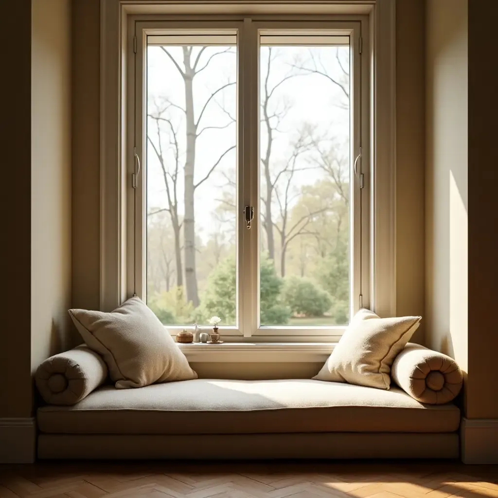 a photo of a cozy window seat with cushions and a view of nature outside