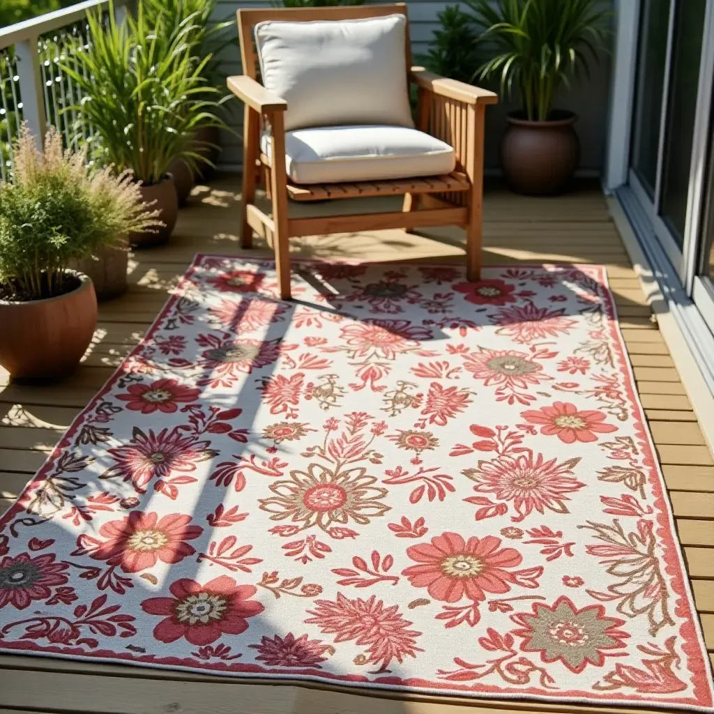 a photo of a colorful outdoor rug with floral patterns on a sunny balcony