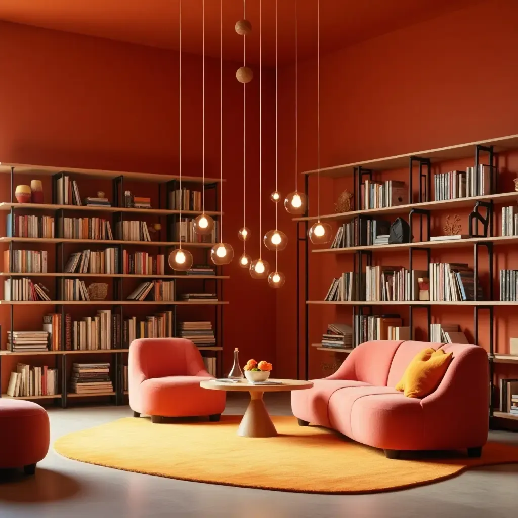 a photo of a library with pendant lights in a vibrant color palette