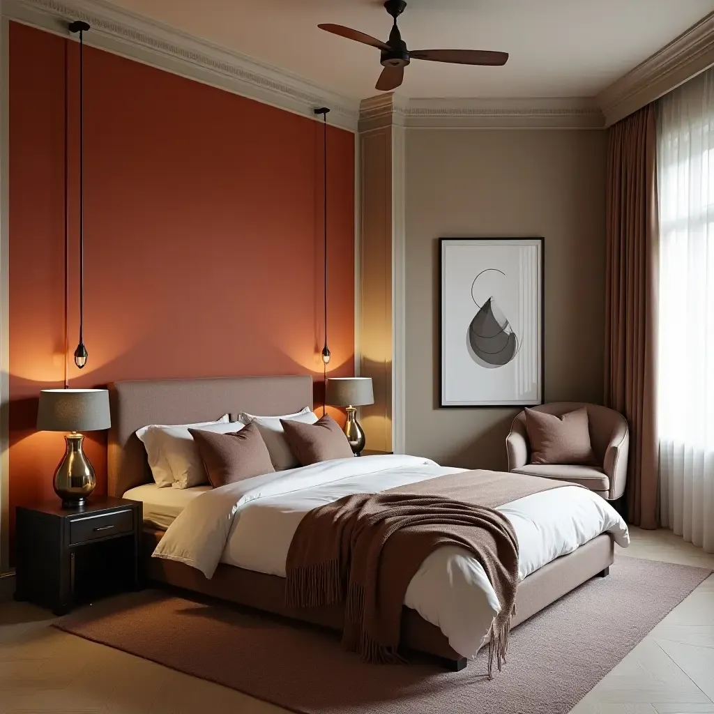 a photo of a stylish bedroom featuring a bold accent wall and plush bedding