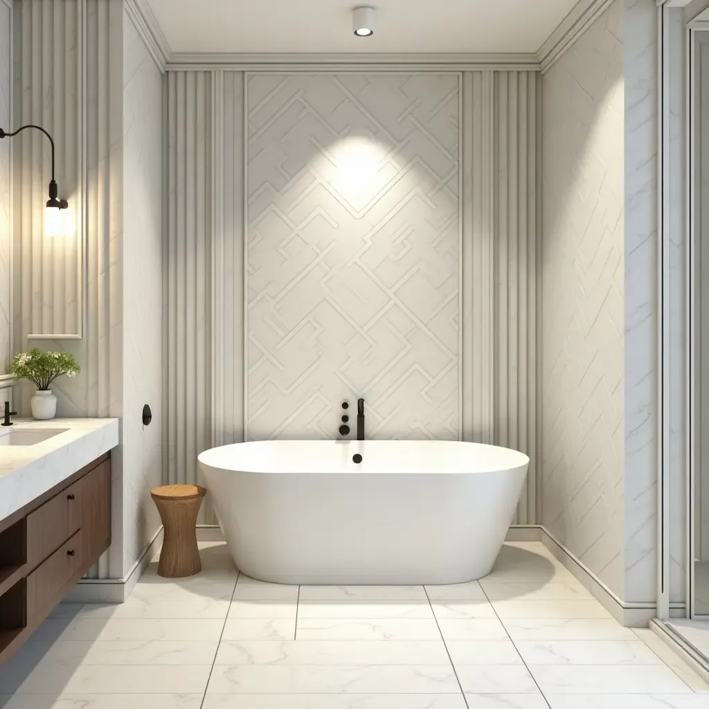 a photo of a luxurious bathroom with a soaking tub and elegant tile work