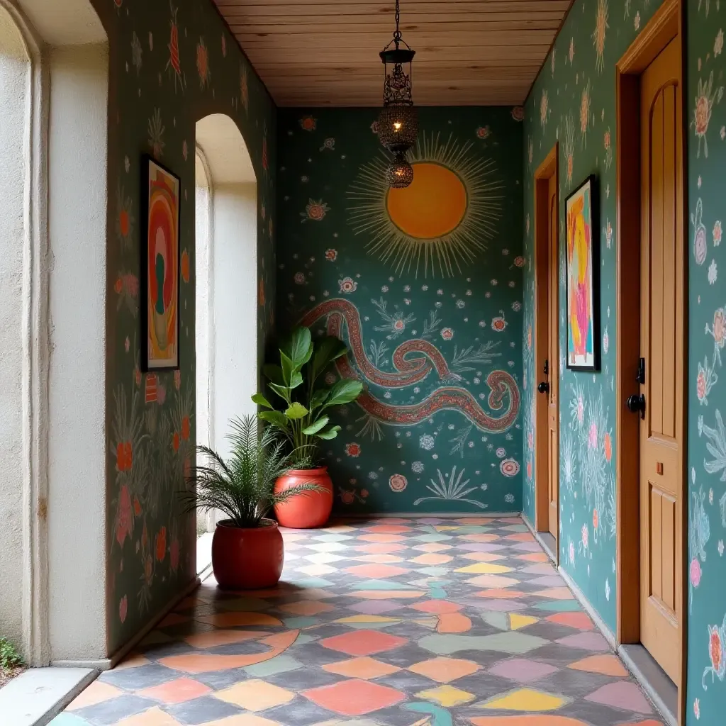 a photo of an entrance hall with a whimsical chalk mural and colorful accessories