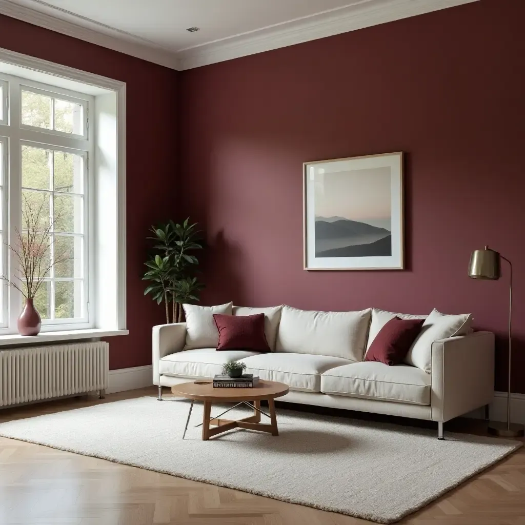 a photo of a living room featuring burgundy walls and white trim