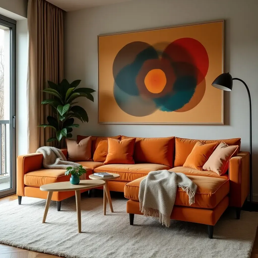 a photo of a dynamic living room with orange and teal accents