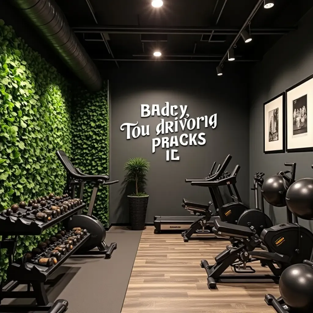 a photo of a basement gym with motivational quotes and greenery