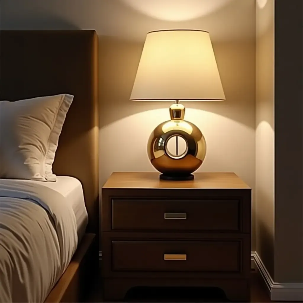 a photo of a stylish nightstand with a glamorous lamp