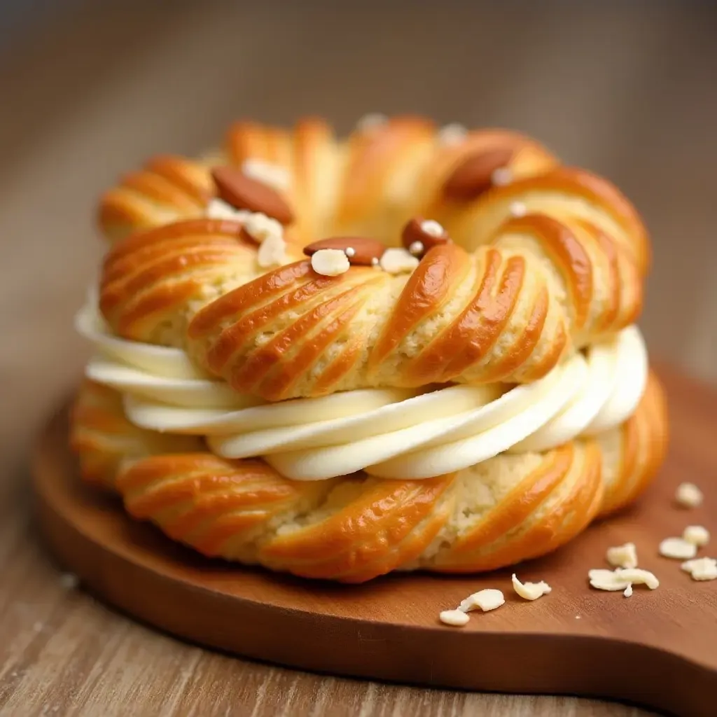 a photo of a vibrant Paris-Brest pastry with praline cream and almond slices, on a wooden board.