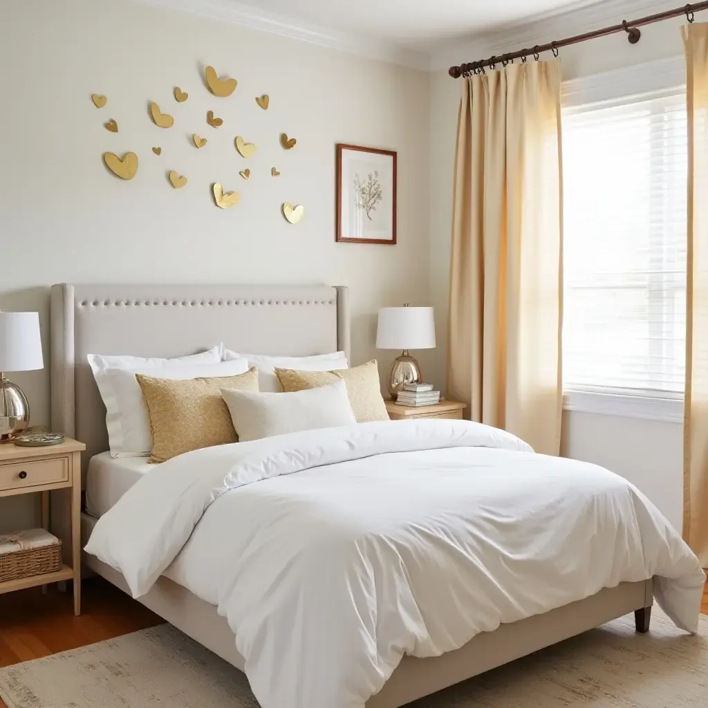 a photo of a kids&#x27; bedroom with metallic gold accents on bedding and curtains