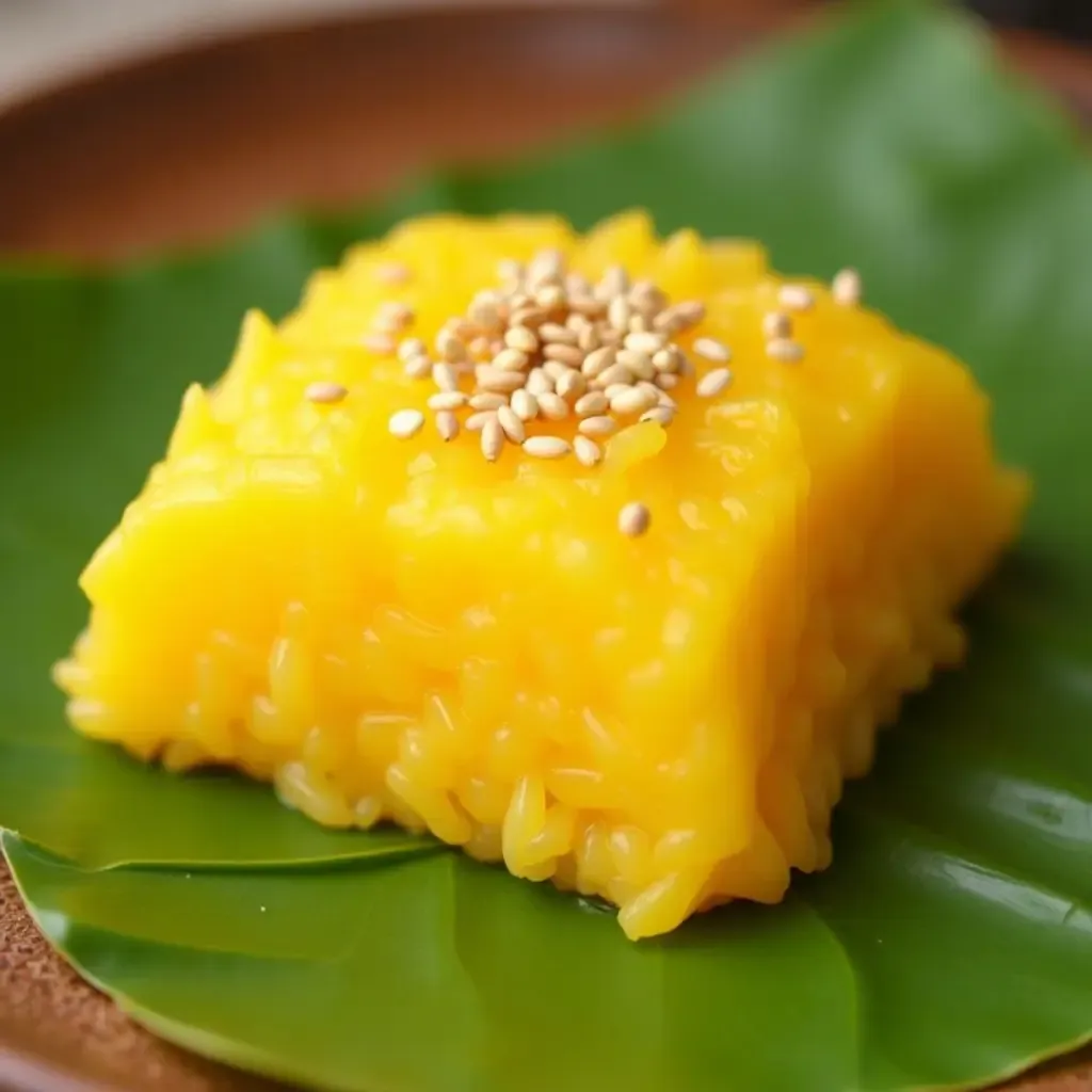 a photo of colorful Thai mango sticky rice on a banana leaf, garnished with sesame seeds.