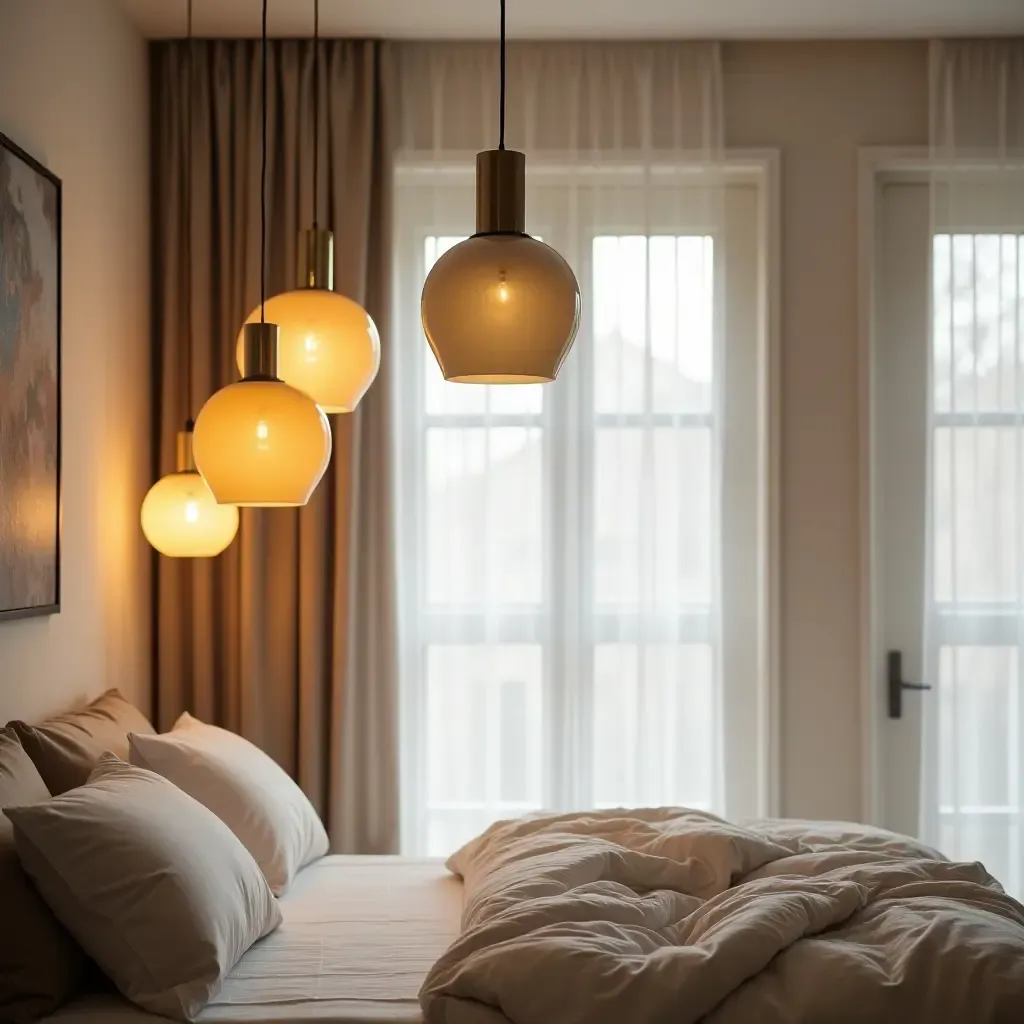 a photo of a bright bedroom featuring pendant lights with colorful shades