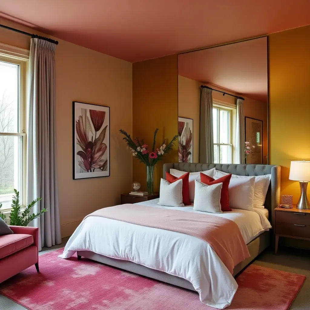 a photo of a vibrant bedroom featuring a mirrored accent wall