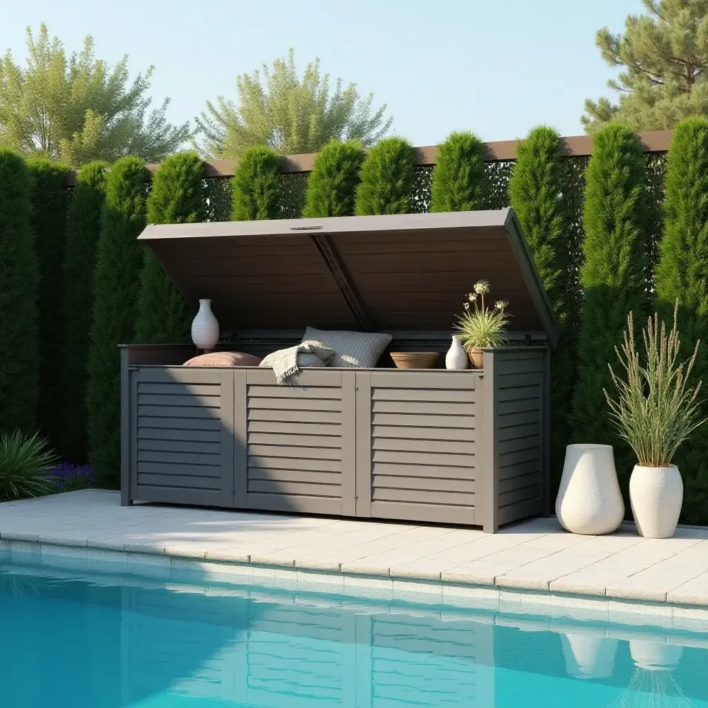 a photo of a sophisticated outdoor storage unit by the pool