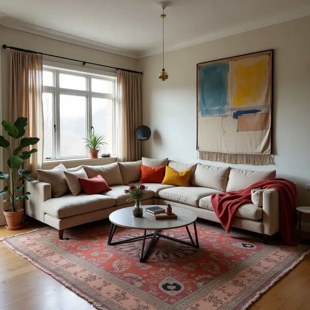 a photo of a bohemian living room with metallic accents on textiles