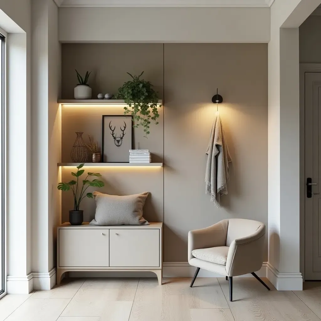 a photo of a stylish entrance hall with functional shelving and decorative items