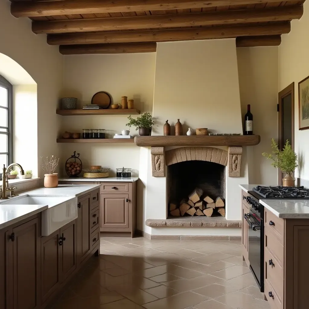 a photo of a kitchen with a traditional Mediterranean fireplace