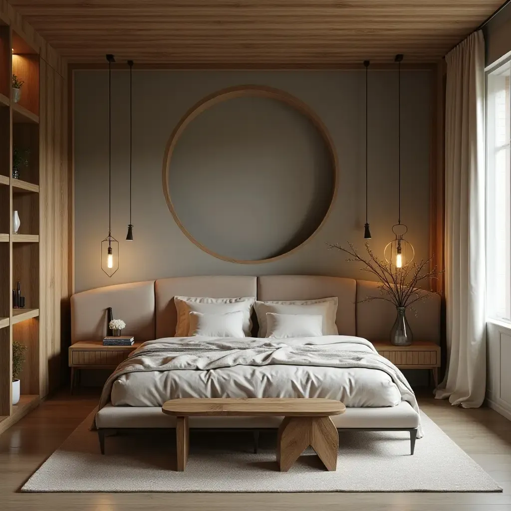 a photo of a tranquil bedroom featuring a blend of contemporary design and rustic elements