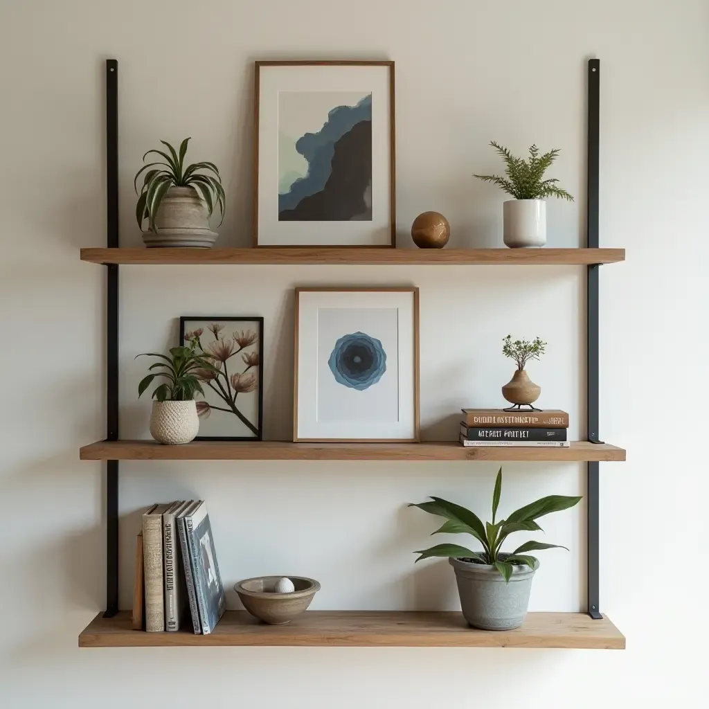 a photo of a floating bookshelf with art pieces and framed photos