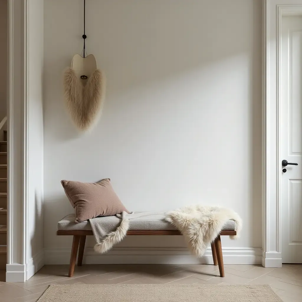 a photo of a Scandinavian-style bench with fur throws in a hallway