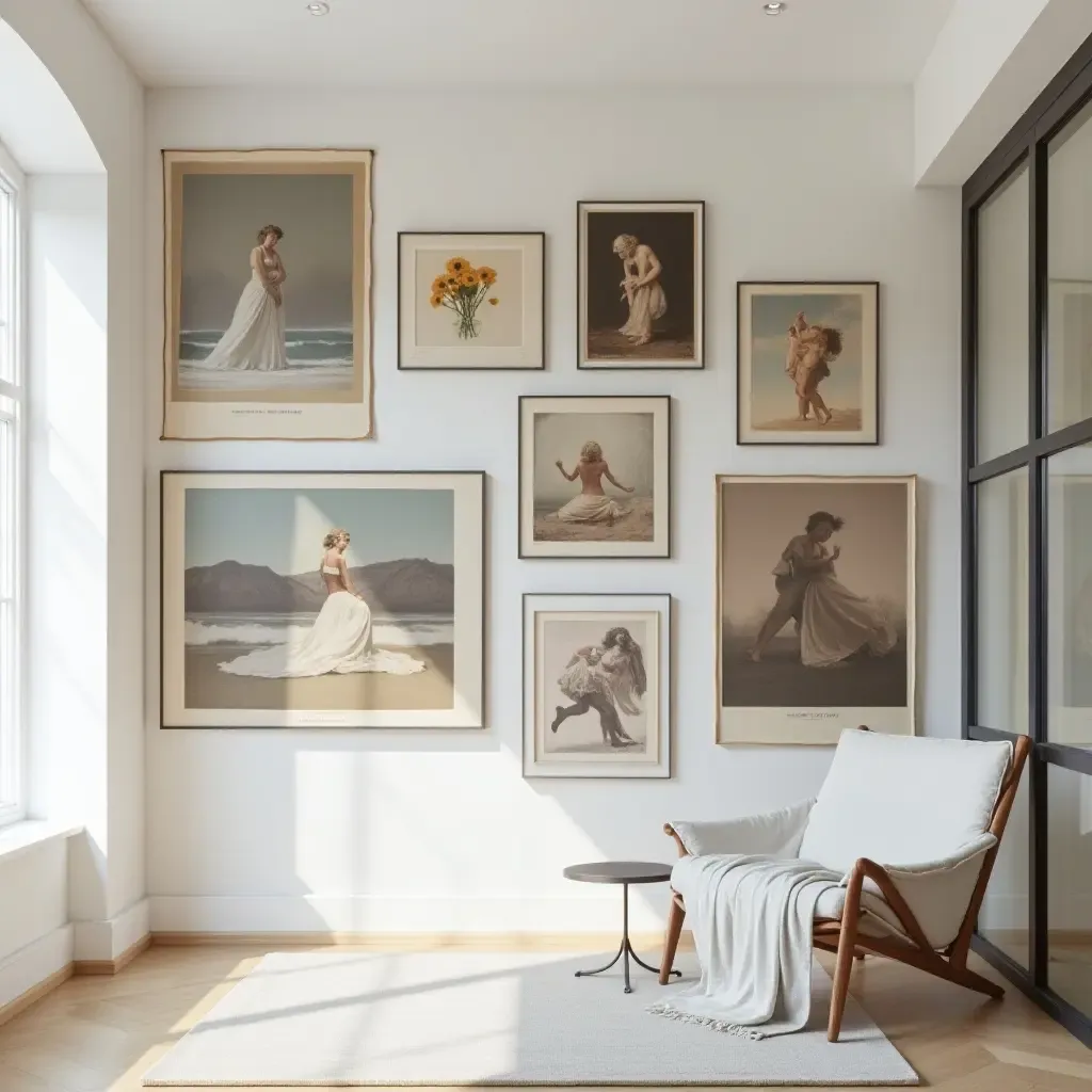 a photo of a gallery wall featuring a combination of paintings and photographs