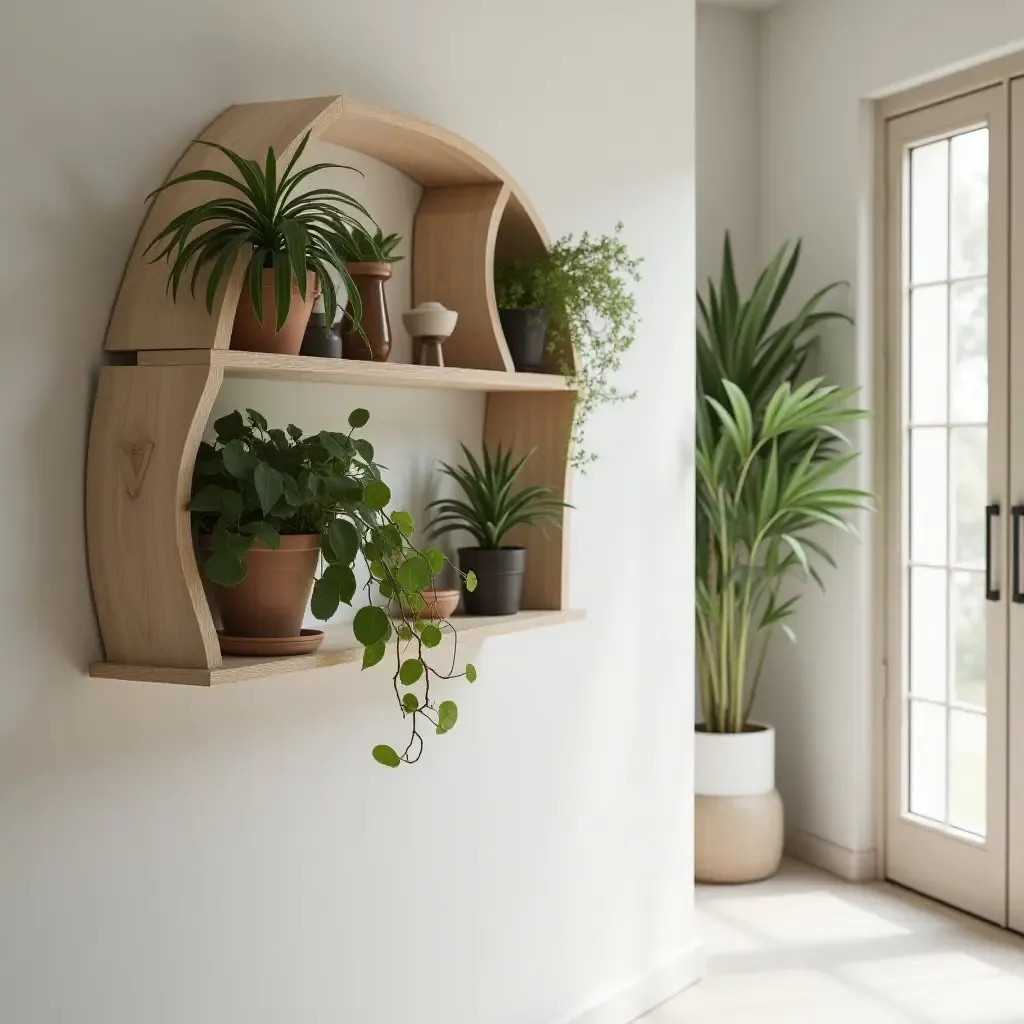 a photo of a corridor with a unique plant wall shelf design