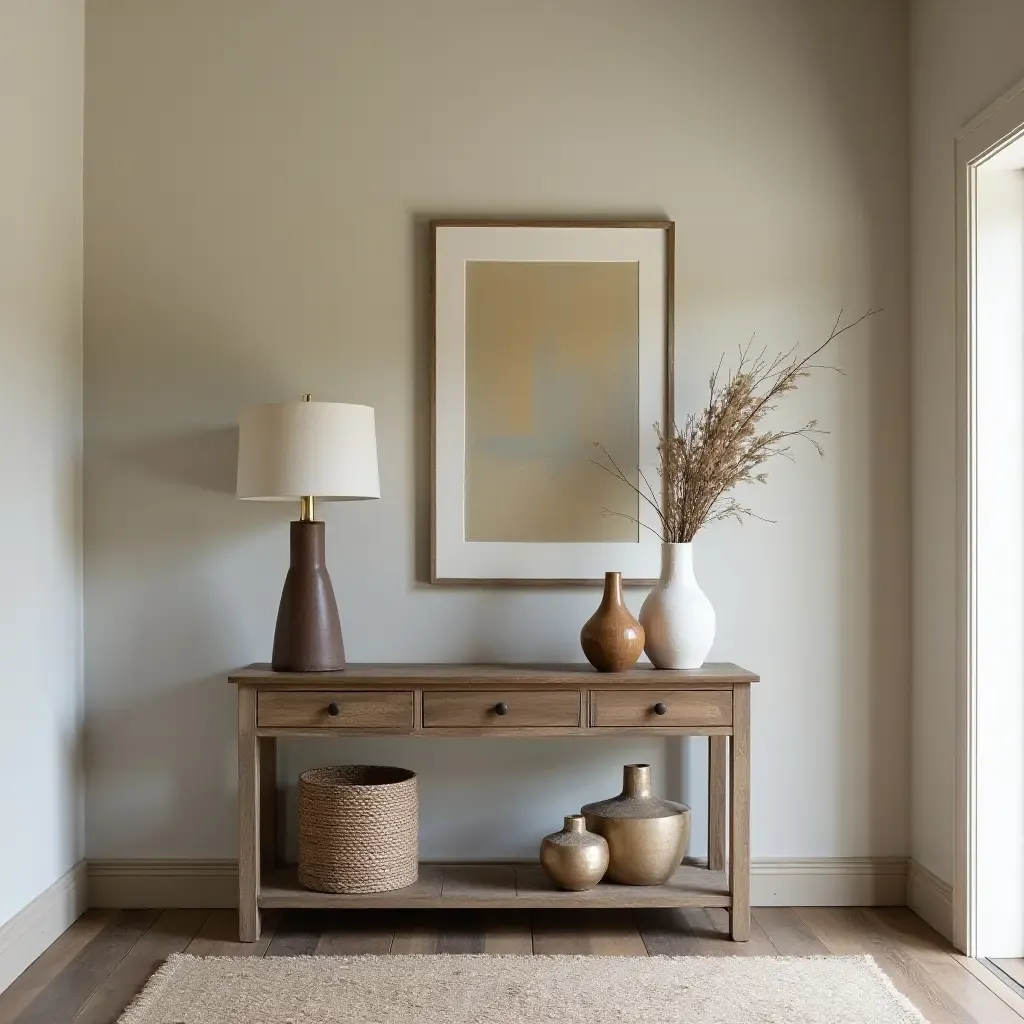 a photo of a rustic hallway featuring a wooden console and decorative accents