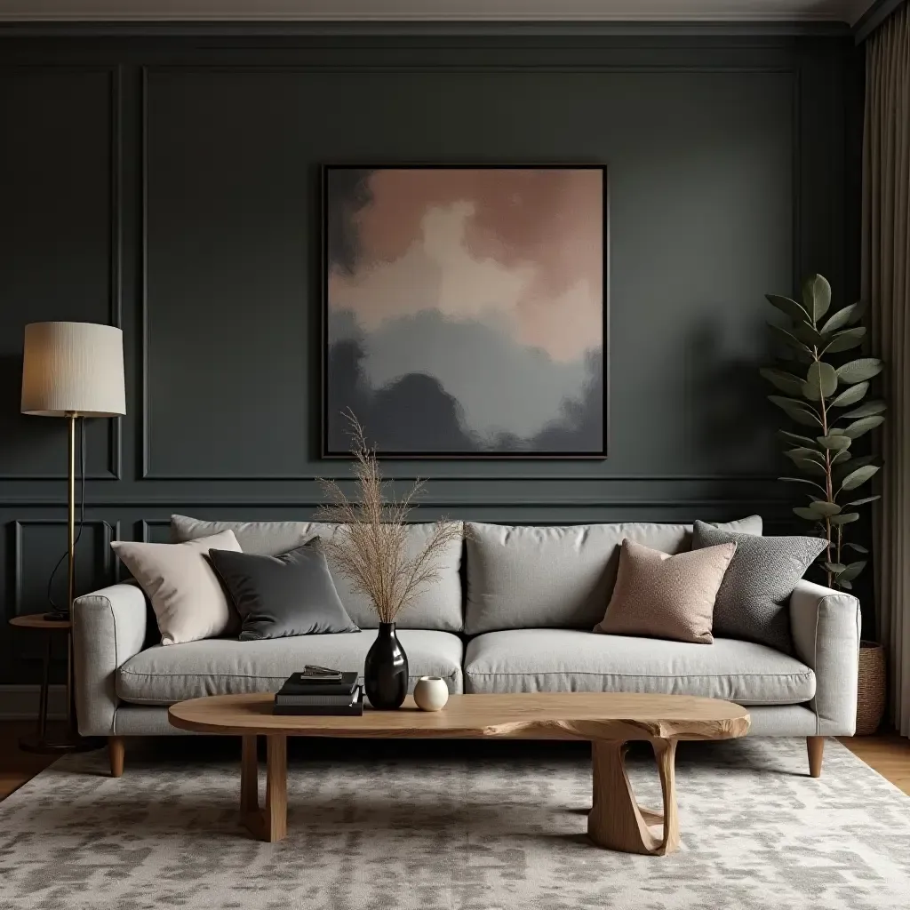 a photo of a dark grey living room with a blend of textures, patterns, and colors