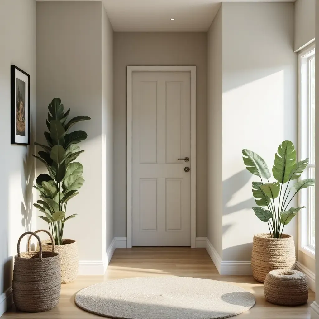 a photo of a cozy corridor with decorative storage baskets