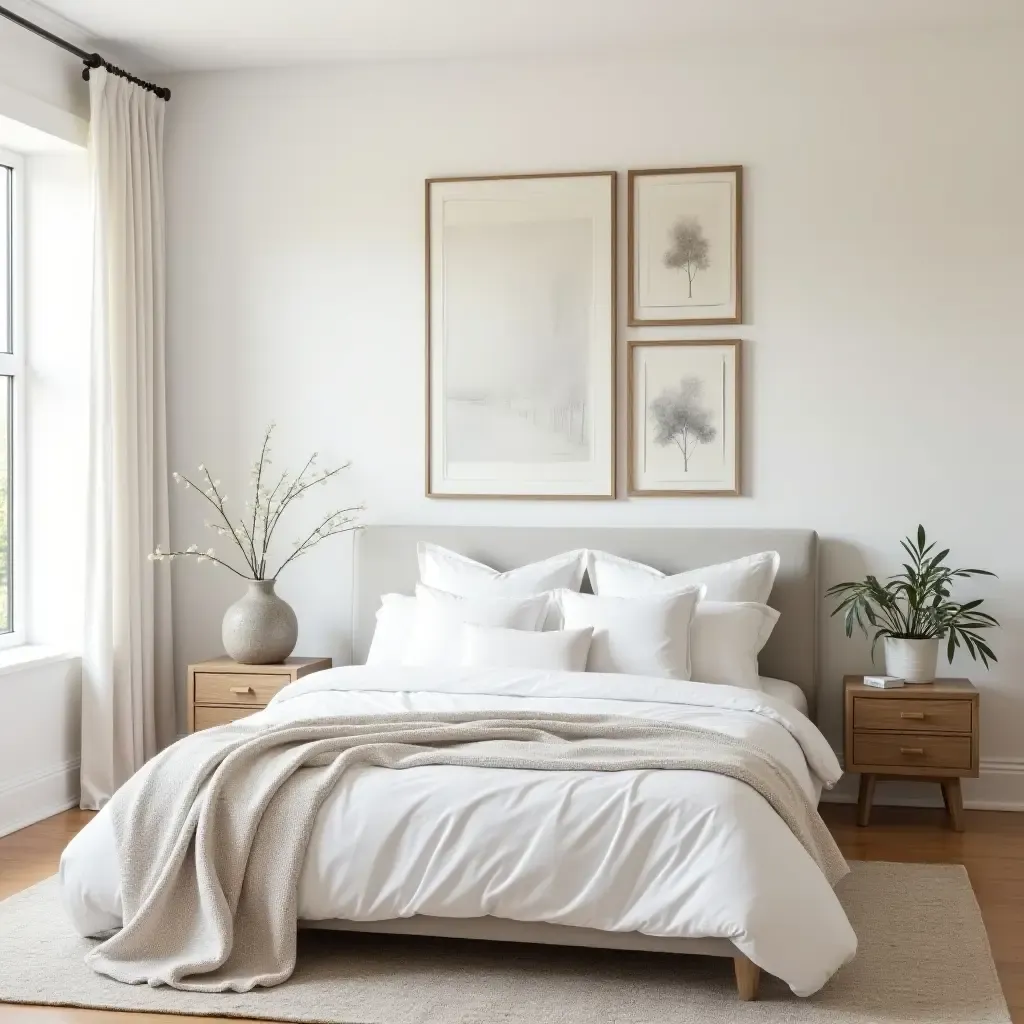 a photo of a bright bedroom with a farmhouse aesthetic and a gallery wall of art