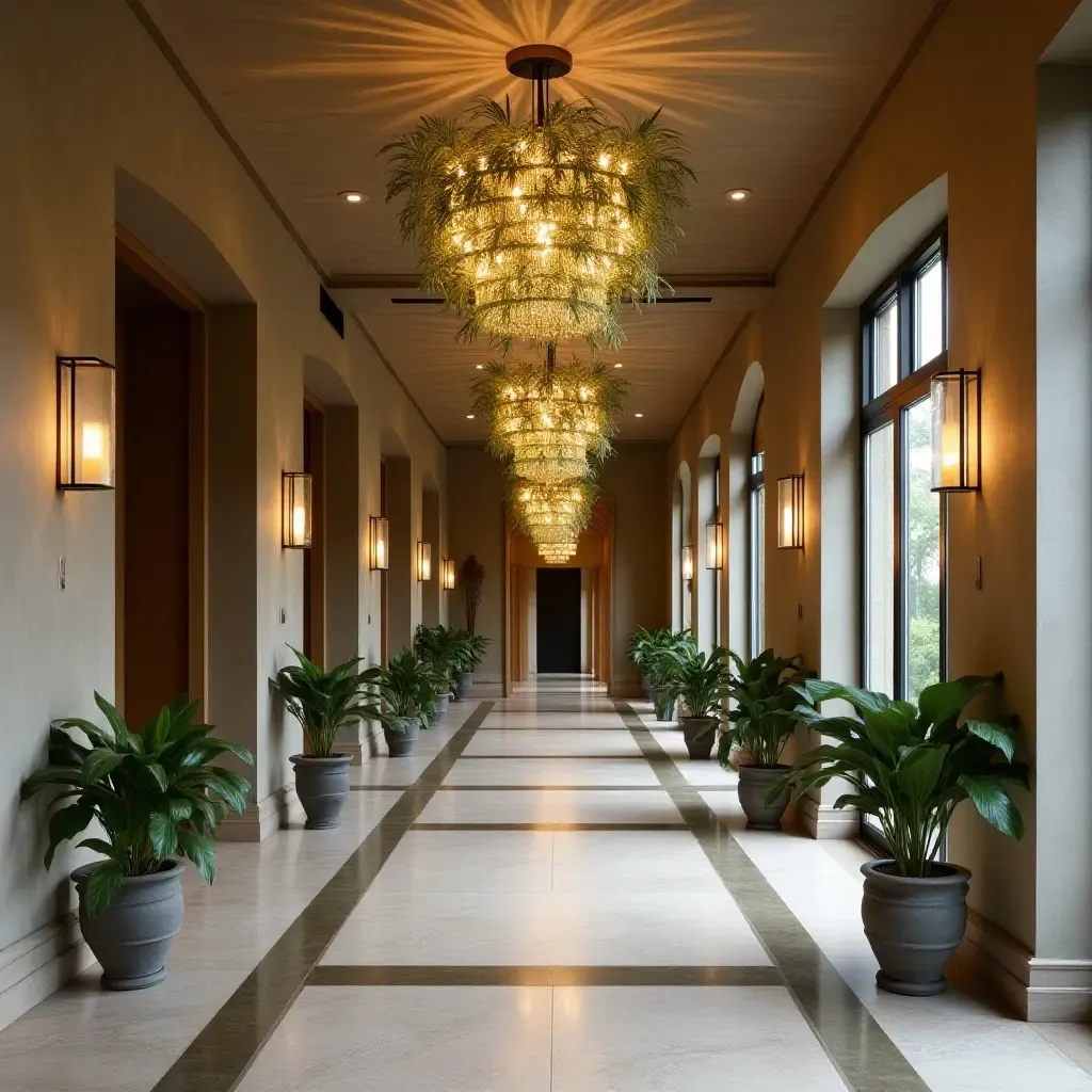 a photo of a corridor featuring a unique plant chandelier