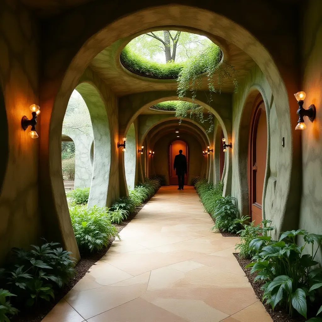 a photo of a themed corridor inspired by nature with organic shapes and textures